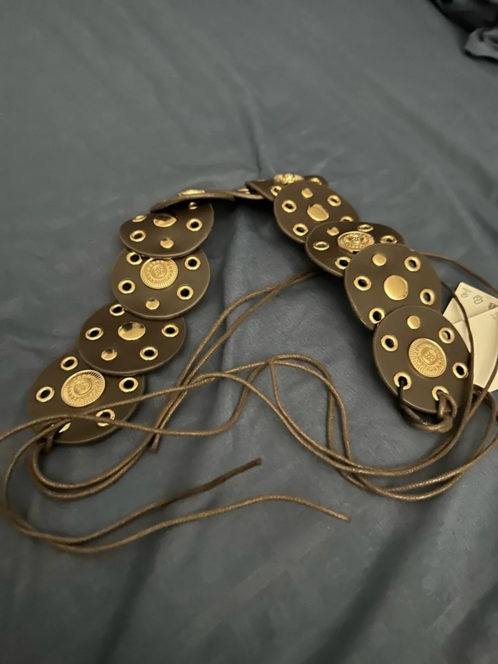 Zara Brown Lace-Up Eyelet Waist Belt with Gold Accents